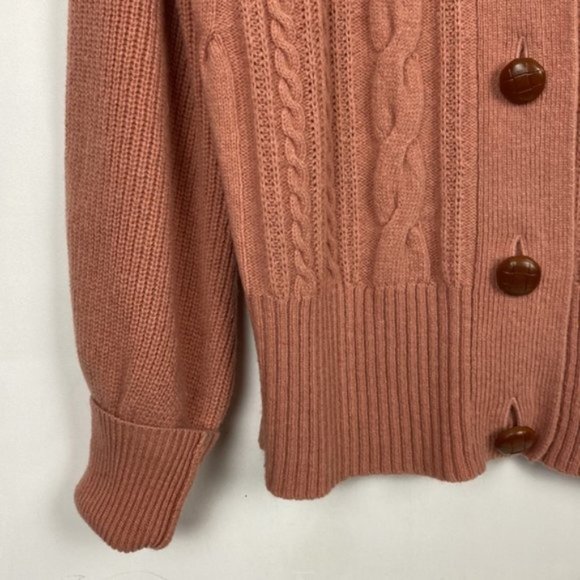 J.Crew S Salmon Cardigan Cable Knit Faux Leather Buttons Lambs Wool - Picture 10 of 14